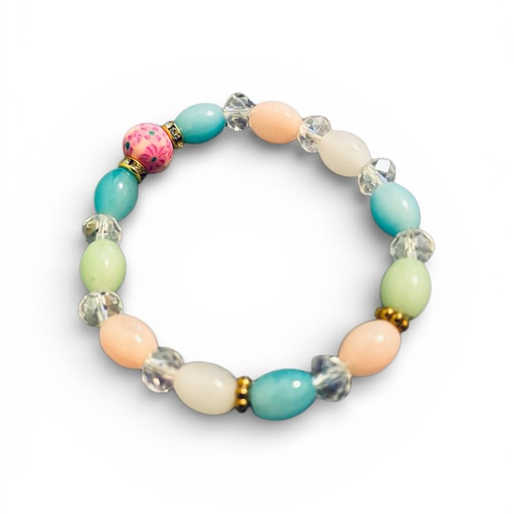 Kids Pastel Beaded Stretch Bracelet Floral Accent Rhinestone Gold Toneβ